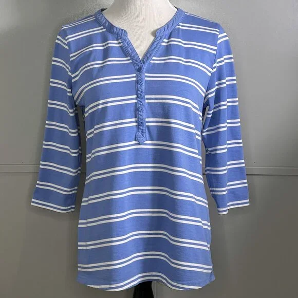 L.L. Bean Women's 3/4 Sleeve Top Tee Shirt Blue and White Stripe Size XS Petite - Picture 2 of 10